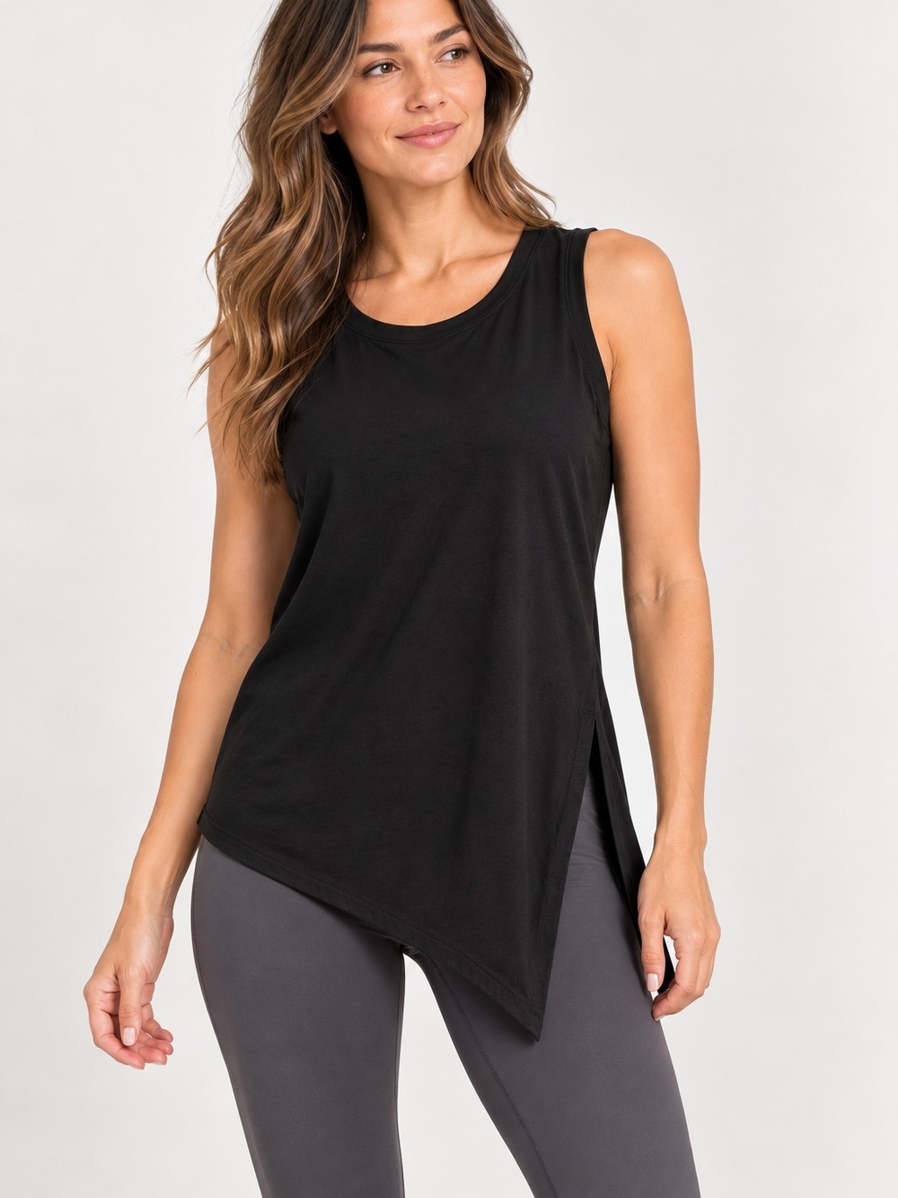 Athleta Black Asymmetrical Hem Sleeveless Tunic Top XS Side Slit Stretch